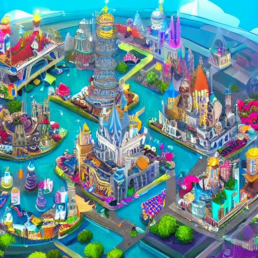 Prompt: fantasy city with glittering jewels, birds eye view