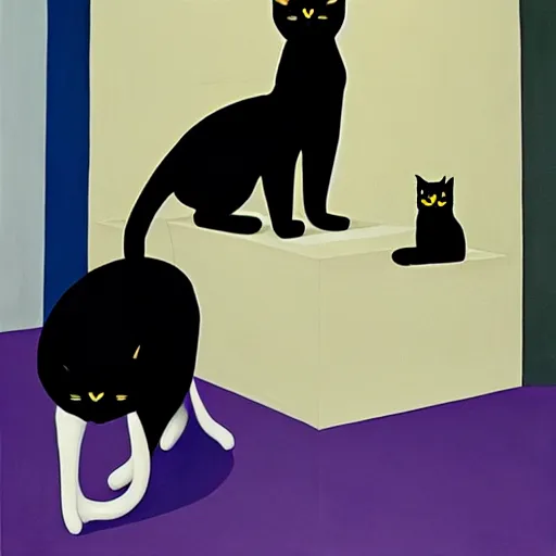 Image similar to in an art gallery, there is a huge painting of carmen herrera blue with white line. a black cat is looking up at the painting. a surrealist painting by george tooker, cgsociety, surrealism, surrealist, dystopian art, 3 d, purple color scheme