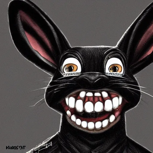 Image similar to A extremely highly detailed majestic hi-res beautiful, highly detailed head and shoulders portrait of a scary terrifying, horrifying, creepy black cartoon rabbit with scary big eyes, earing a shirt laughing, hey buddy, let's be friends, in the art style of Walt Disney