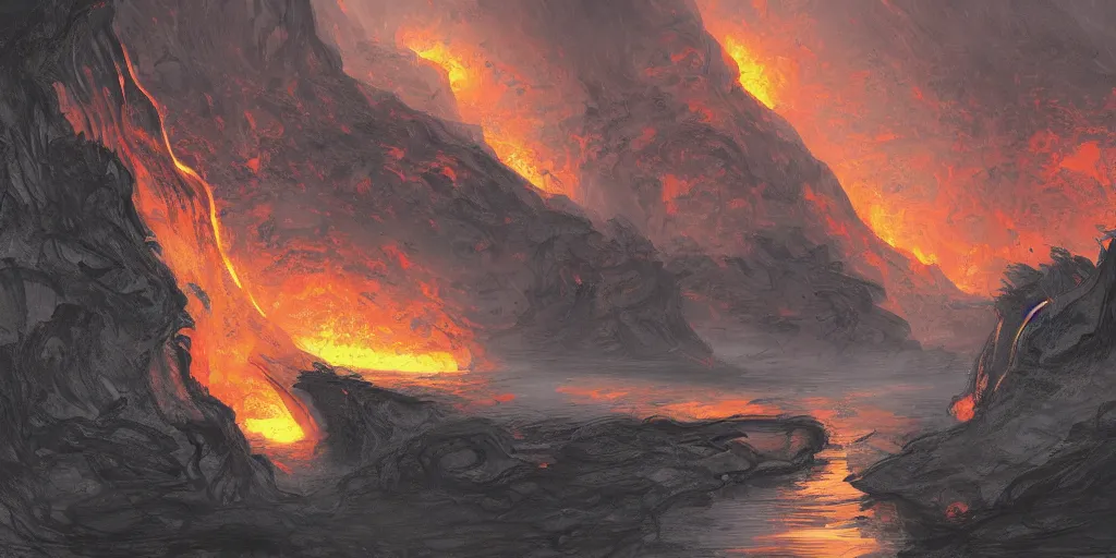 Image similar to Fantasy concept art of a canyon with a lava river. Concept art, wide, highly detailed.