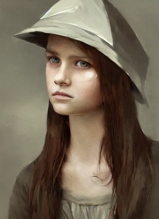 Prompt: a portrait of a thirteen year old girl with brown hair and a stern expression. she is wearing a simple dress and a black pointed witch hat. beautiful painting with highly detailed face by greg rutkowski and raymond swanland