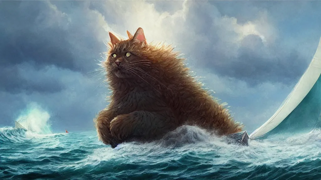 Image similar to a gigantic cat bursting out of a stormy sea attacking a small sail boat, wet fur, giant waves, sunbeams in background, intricate, detailed, volumetric lighting, sharp focus, scenery, photorealism, digital painting, highly detailed, concept art, by roger dean and simon stalenhag and mark brooks