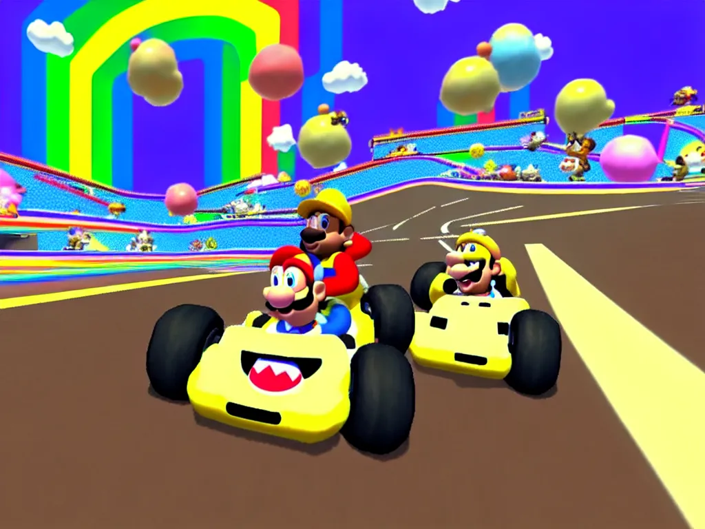 Image similar to kanye west on rainbow road mario kart 8 map