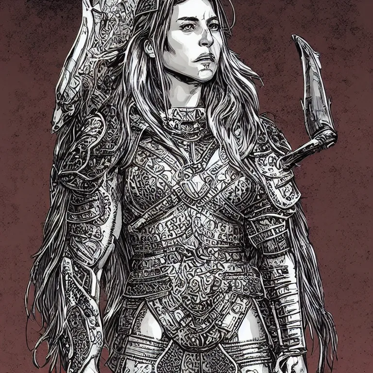 Image similar to jennifer anniston as an amazon warrior, a tall beautiful woman with brown skin and long hair, dressed in hellenistic body armour, intricate, elegant, highly detailed, smooth, sharp focus, detailed face, high contrast, graphic novel, art by laurie greasley