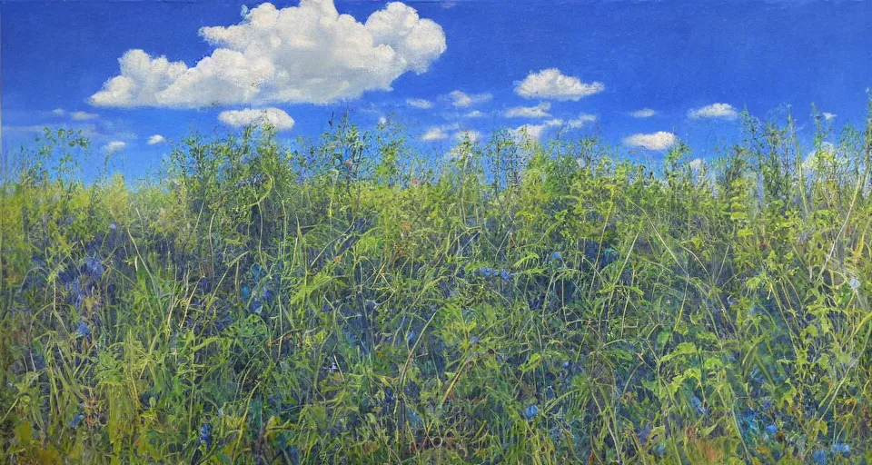 Prompt: an endless flat world of concrete, overgrown with vegetation, blue sky with clouds, beautiful painting, oil on canvas, by Ewa Czarniecka, award winning masterpiece,