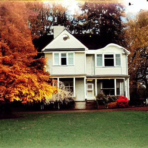 Prompt: a high flash photo of a suburban home from the street during autumn, 2 0 0 6, taken with a disposable camera