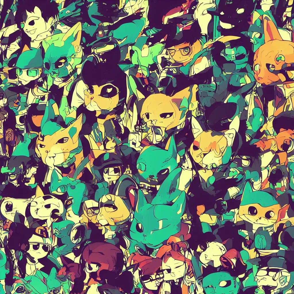 Image similar to cat heads, ryuta ueda artwork, jet set radio artwork, stripes, gloom, space, cel - shaded art style, broken rainbow, data, minimal, speakers, code, cybernetic, dark, eerie, cyber