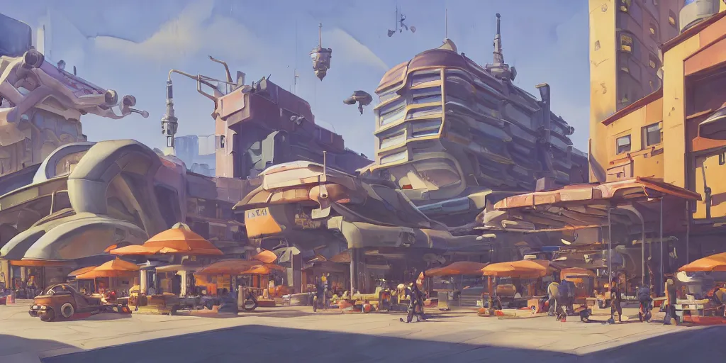 Image similar to overwatch building, stylized, exterior, architecture, in watercolor gouache detailed paintings, insanely detail, artstation, 8 k, futuristic, big medium small, arcane, simon stalenhag, food stall, interesting shapes & form, golden ratio, megastructures, vitaly bulgarov, mall, slums