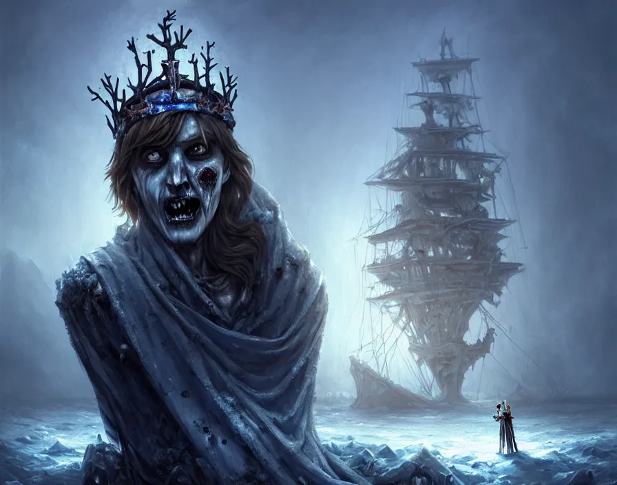 Prompt: frozen zombie man with a crown, eyes glows, broken sailing ship boat in the background, is at dawn and bluish, fantasy, intricate, elegant, highly detailed, digital painting, artstation, concept art, matte, sharp focus, illustration, art by aenaluck and roberto ferri and greg rutkowski, epic fantasy, digital painting