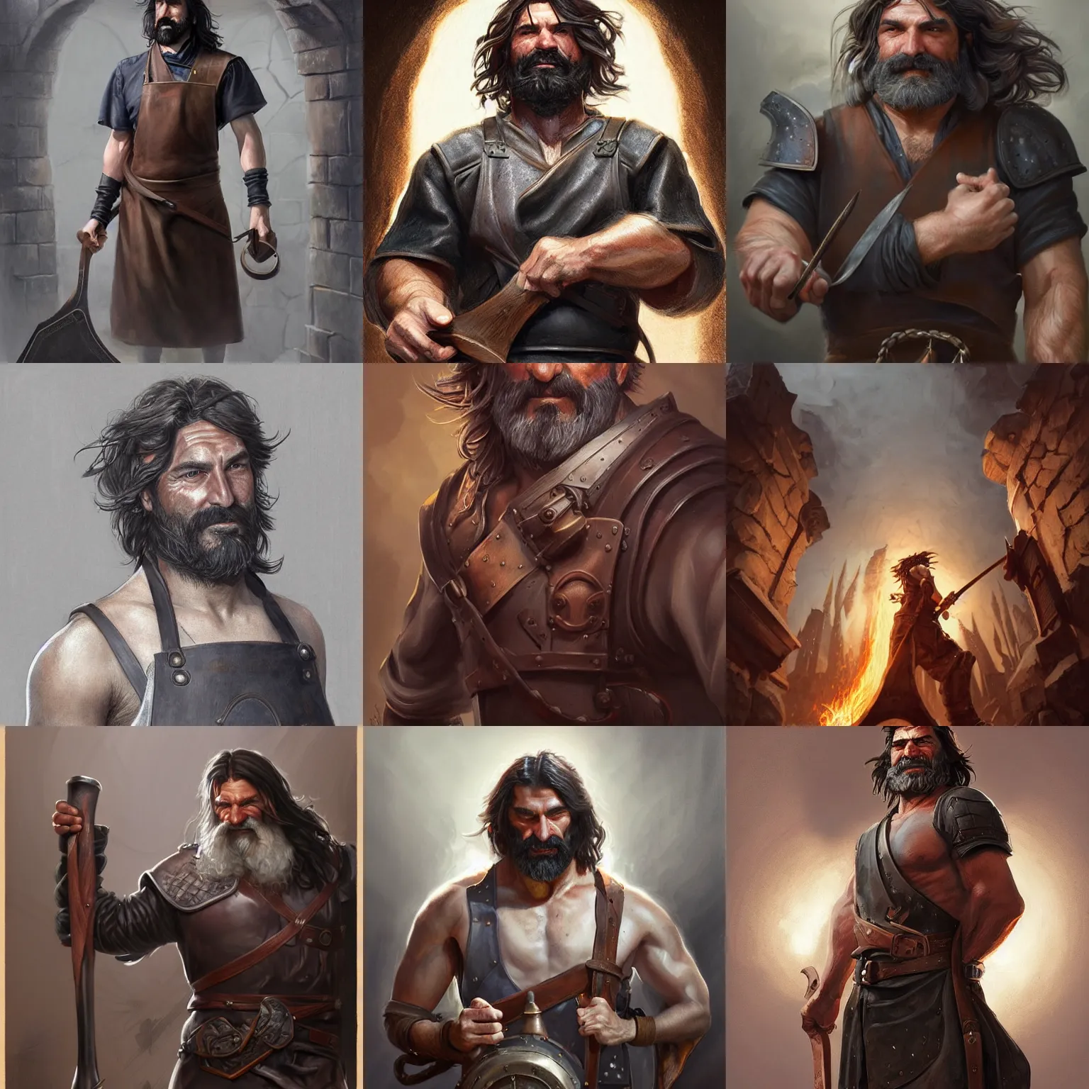 Image similar to hephaestus, sebastien chabal, blacksmith, leather apron, D&D, fantasy, portrait, highly detailed, digital painting, trending on artstation, concept art, sharp focus, illustration, art by artgerm and greg rutkowski and magali villeneuve