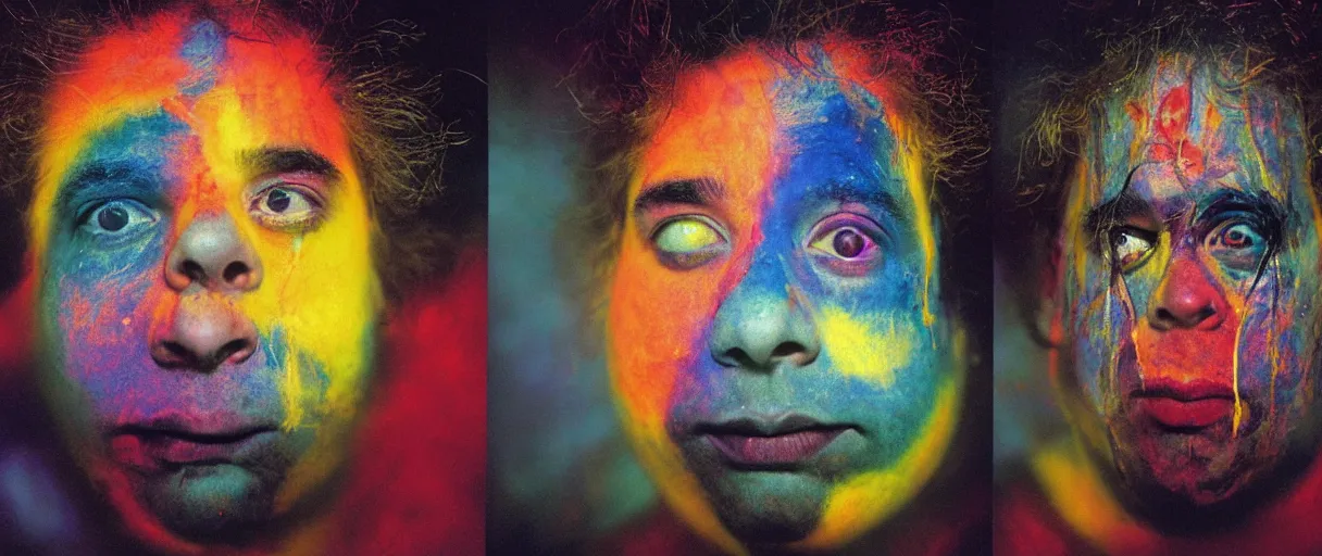 Prompt: award winning photo of a todd solondz charles thompson iv becoming one with the universe, sad and happy, crying and smiling franticly, vivid colors, happy, symmetrical face, beautiful eyes, studio lighting, wide shot art by sally mann & arnold newman