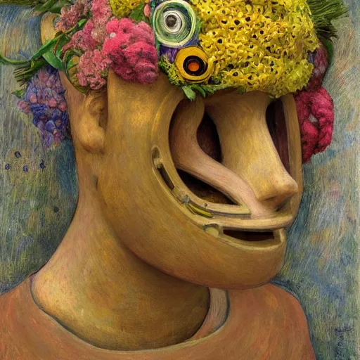 Prompt: a painting of a humanoid robot wearing a mask made of flowers, by annie swynnerton and diego rivera and tino rodriguez, symbolist, dramatic lighting, elaborate geometric ornament, art brut, soft cool colors, smooth, sharp focus, extremely detailed, adolf wolfli