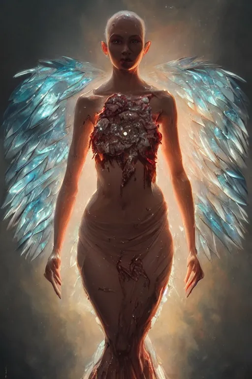 Image similar to torso closeup model wearing exploding flesh and blood crystal dress, sorcerer, diamonds, angel, fantasy, dramatic lighting, highly detailed, digital painting, holding electricity, magic the gathering, hyper detailed, 3 d render, hyper realistic detailed portrait, peter mohrbacher, wlop, ruan jia