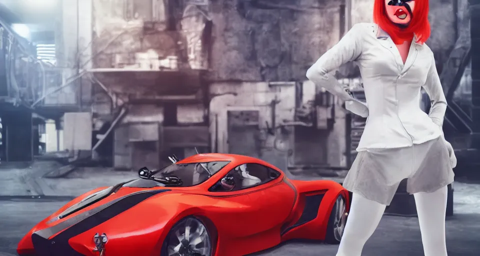 Prompt: a portrait of a female clockwork orange droog gang member, designed by artgerm and a red pininfarina sportscar in the background hdr, 8 k, hyperrealistic, volumetric lighting