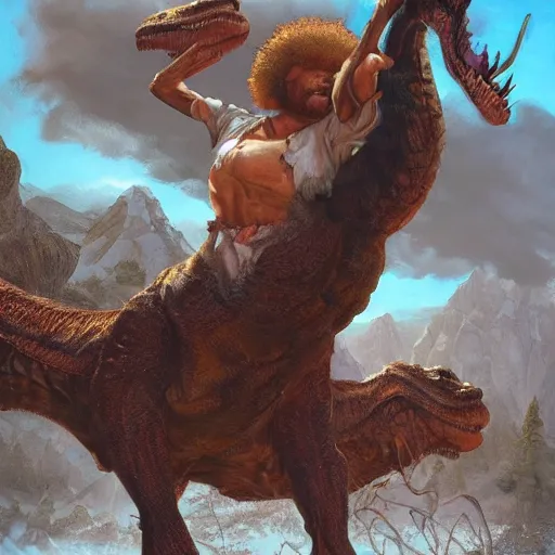 Image similar to bob ross!!! riding!!! a dinosaur!!, giant afro!, model pose, ultra realistic, concept art, intricate details, highly detailed, photorealistic, octane render, 8 k, unreal engine. art by artgerm and greg rutkowski and alphonse mucha