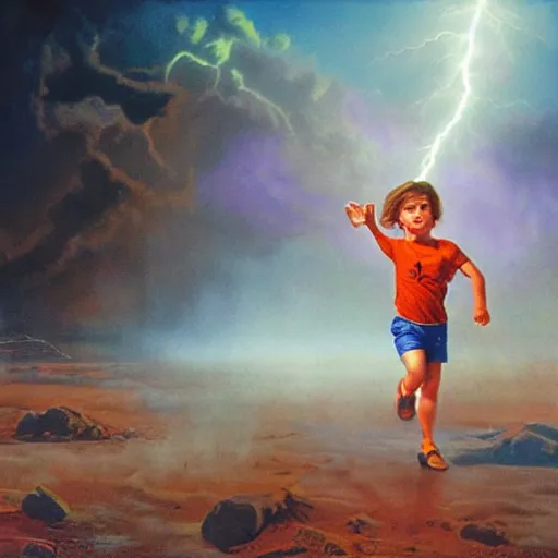 Image similar to a running child surrounded covered, lightning, vapor, mist, smoke, blood drops, fire, a highly detailed matte painting by John Philip Falter and Jason Edmiston