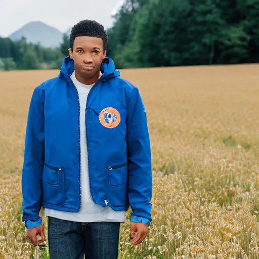 Image similar to destiny ( steven bonnell ii ) in a blue jacket walking in a field, 5 0 mm sigma lens, sony a 7 siii