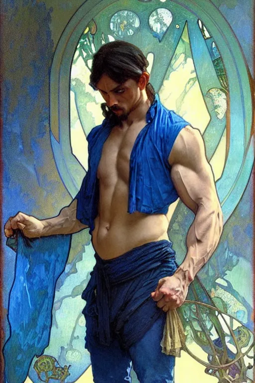 Prompt: A man wearing blue clothes, muscular, fantasy, painting by greg rutkowski and alphonse mucha