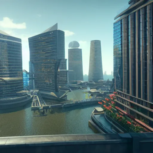 Prompt: canary wharf, screenshot from 2 0 2 5 pc game, by cd projekt red, unreal engine, max graphics settings, 8 k uhd