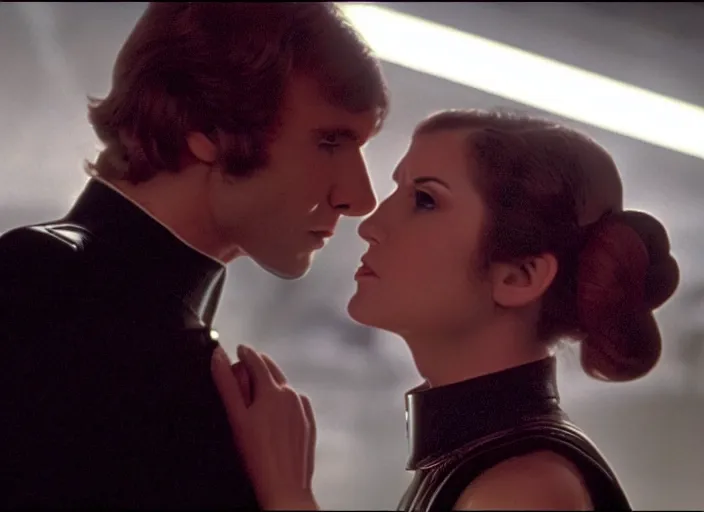 Image similar to screenshot of Han Solo dressed up as an imperial officer kissing Princess Leia Organa, iconic scene from 1970s Star Wars film directed by Stanley Kubrick, in a sci fi shipping port, last jedi, 4k HD, cinematic still frame, photoreal, beautiful portraits, moody lighting, stunning cinematography, lens flare, anamorphic lenses, kodak color film stock