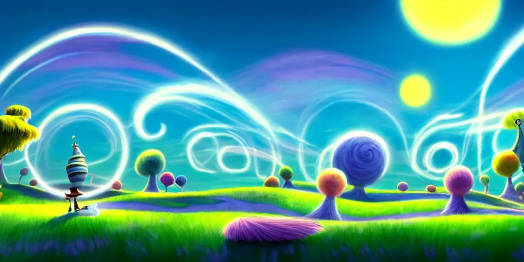 Prompt: cartoon concept art, calm night nightscape, spiral clouds, from lorax movie