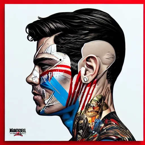 Image similar to a portrait of a man with side profile cleaned shave blood in ocean and sea intricate details by MARVEL comics and Sandra Chevrier