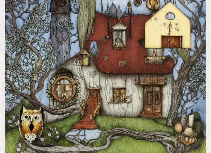 Image similar to a house with a tower, owl, birds, cheese, lowbrow in the style of mark ryden and john bauer,