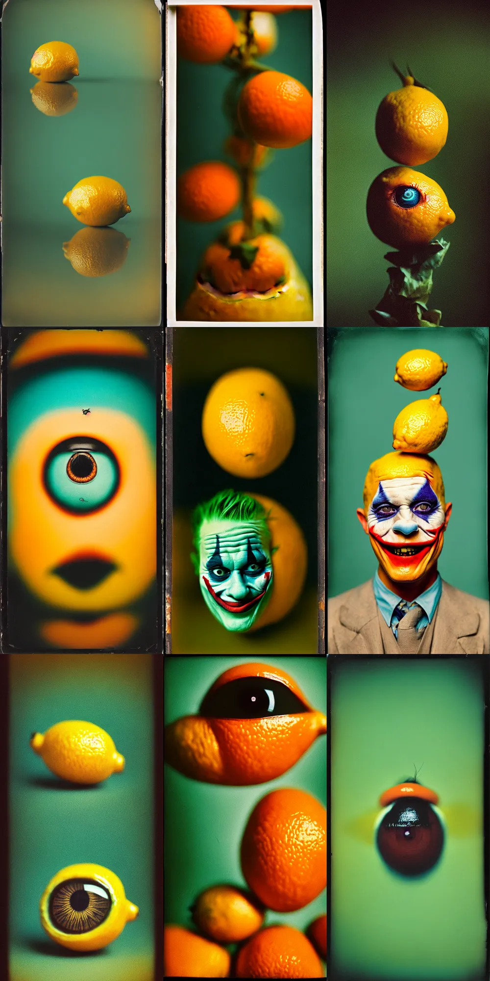 Prompt: kodak portra 4 0 0, wetplate, ant's eye view, 8 k, shot of a highly detailed, britt marling style, colour still - life portrait of a lemon looks like 1 9 9 9 joker, motion blur, teal and orange, muted coloures