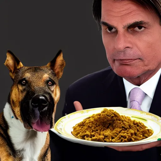 Prompt: brazillian president Jair Bolsonaro eating dog shit from a fancy china plate, realistic photography, 4k