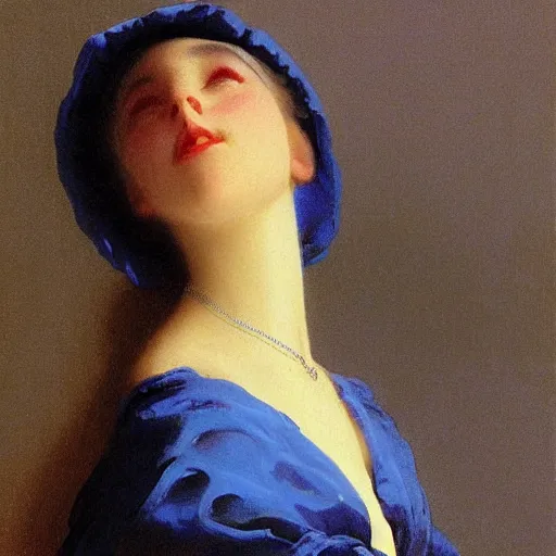 Image similar to a young woman's face, her hair is white and she wears an azure blue satin cloak, by ivan aivazovsky and syd mead and moebius and gaston bussiere and roger dean and pieter claesz and paul delaroche and alma tadema and aelbert cuyp and willem claesz, hyperrealistic, volumetric light, octane render