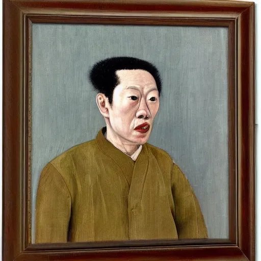 Prompt: detailed portrait of an asian man, 3 0 s, by lucian freud, francis bacon, grant wood