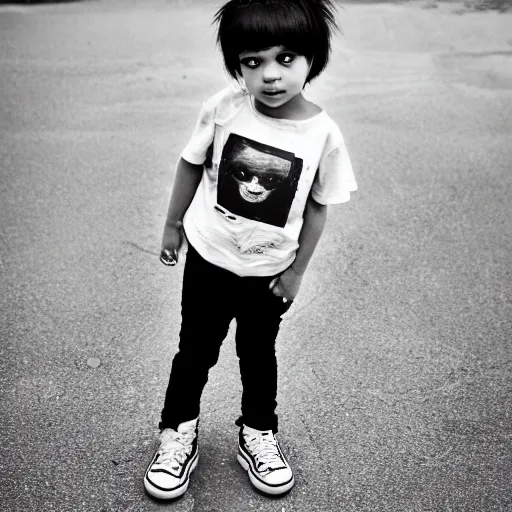 Image similar to the face of punk rock alien boy at 3 years old wearing balenciaga clothing, black and white portrait by julia cameron, chiaroscuro lighting, shallow depth of field, 8 0 mm, f 1. 8