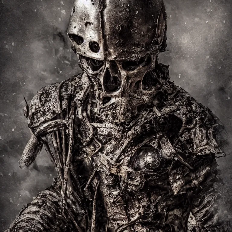 Prompt: armoured undead man, in a burned forest, medieval style, highly detailed, smooth, sharp focus, character portrait, portrait, close up, concept art, intricate details, medieval poster, 8 k. lifelike. dark light. nikon d 8 5 0