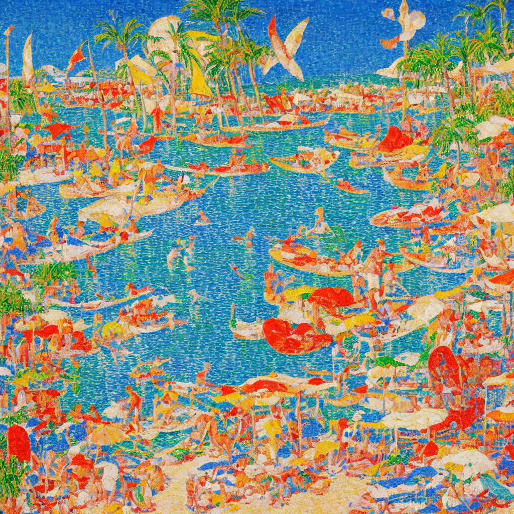 Prompt: acrylic paint impasto reliefs, happy italian beach scene, an artwork by charles w. bartlett and jackson pollack and colin campbell cooper and signac
