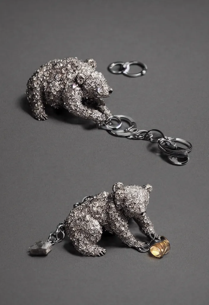 Image similar to a small crystal bear keychain by greg rutkowski, sung choi, mitchell mohrhauser, maciej kuciara, johnson ting, maxim verehin, peter konig, 8 k photorealistic, cinematic lighting, hd, high details, dramatic, atmosphereric, trending on artstation