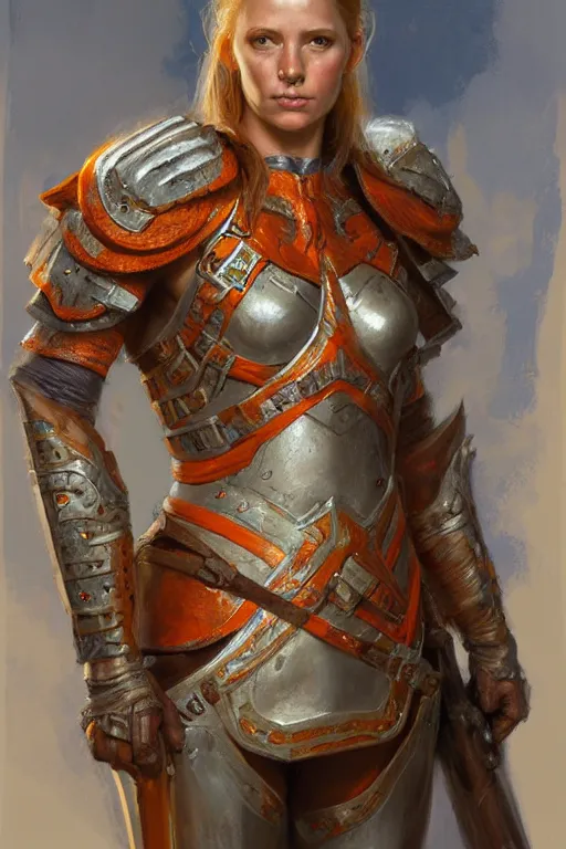Image similar to full - body portrait of a ranger, female, white and orange breastplate, magical, high fantasy, d & d, by donato giancola, craig mullins, jeremy mann, face details, extremely detailed, digital illustration