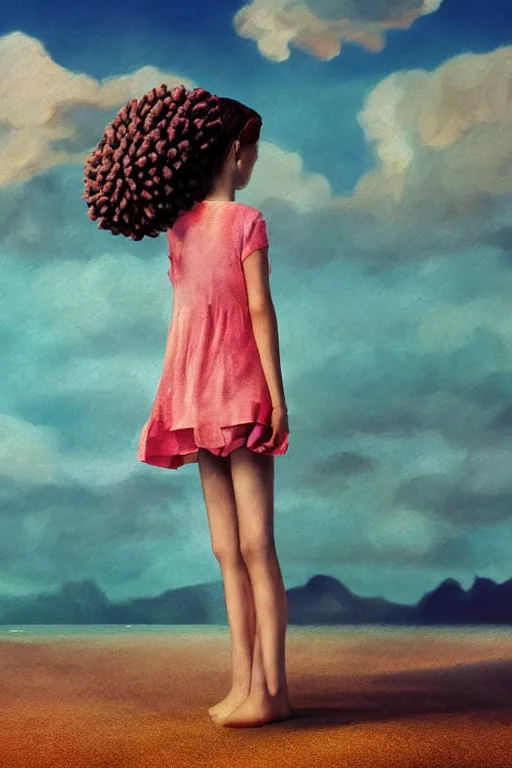 Image similar to closeup giant dahlia flower head, girl standing on beach, surreal photography, blue sky, sunrise, dramatic light, impressionist painting, digital painting, artstation, simon stalenhag