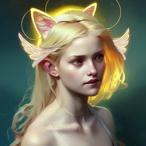 Image similar to Portrait of a girl angel with blonde hair, cat ears, glowing halo, wings, fantasy, intricate, elegant, highly detailed, digital painting, artstation, concept art, smooth, sharp focus, illustration, art by Krenz Cushart and Artem Demura and alphonse mucha