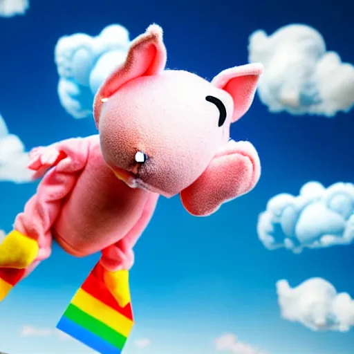 Prompt: studio photograph of a flying pig with wings depicted as a muppet in a blue sky with cotton ball clouds and rainbows