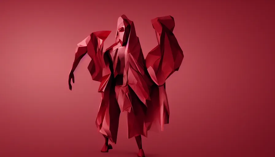 Image similar to enigmatic figure wrapped in red sheet in darkness, high contrast, hard light, digital art, rendering, cloth simulation, redshift