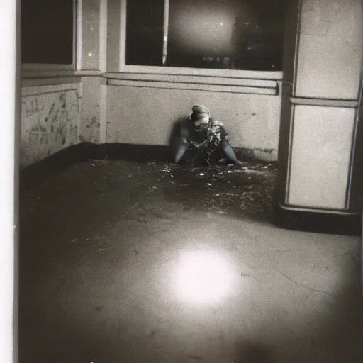 Image similar to found polaroid photo, flash, interior abandoned fast food place, evil mutant gelatinous creature standing