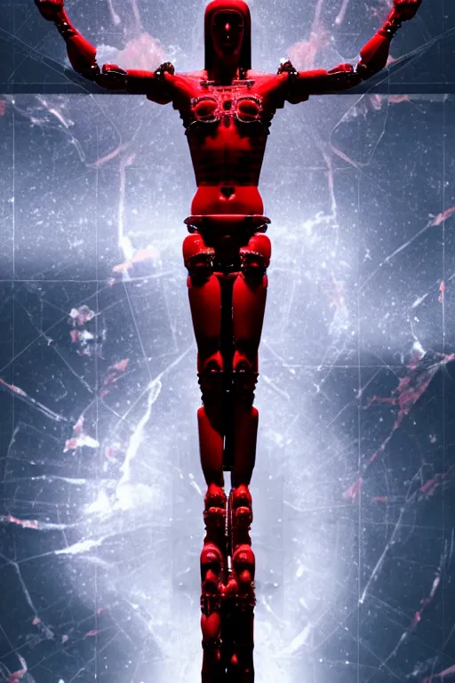 Prompt: a statue jesus on cross made of red marble, perfect symmetrical body, full body shot, white biomechanical, wearing epic bionic cyborg implants, inflateble shapes, tubes, background space station, masterpiece, intricate, biopunk, vogue, highly detailed, artstation, concept art, background galaxy, cyberpunk, octane render