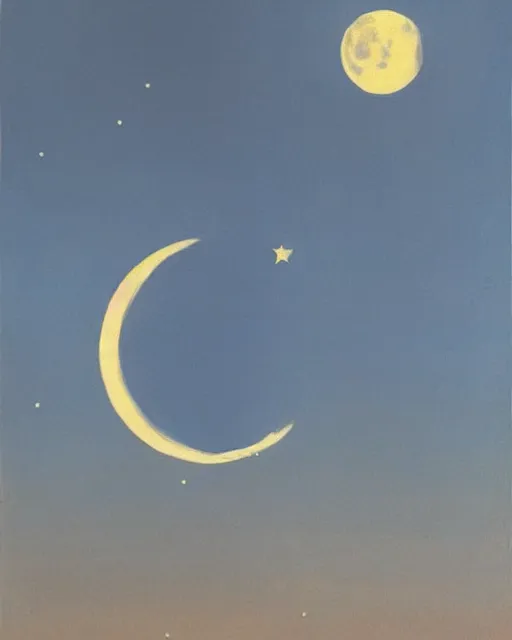 Image similar to painting of a large moon in the sky; the moon is read and has an open eye on it; there is a thin, long, blue cross-shaped star in the sky, anime, detailed, creepy, beautiful