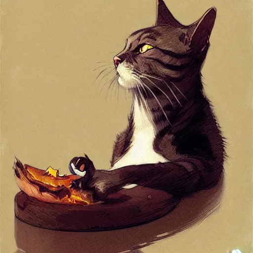 Image similar to cat eating a duck head, highly detailed, digital painting, artstation, concept art, sharp focus, illustration, art by greg rutkowski and alphonse mucha