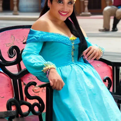 Image similar to beautiful latina female disneyland cast member waiting impatiently on a bench, highly detailed, high resolution, ultra realistic
