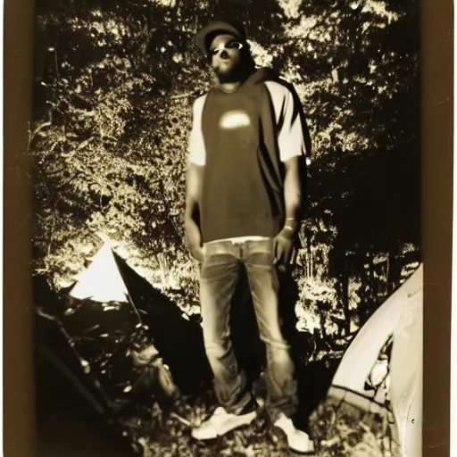 Prompt: retro 90s granular polaroid outdoors photo of an African American rapper near a campfire, flash photography, image artifacts