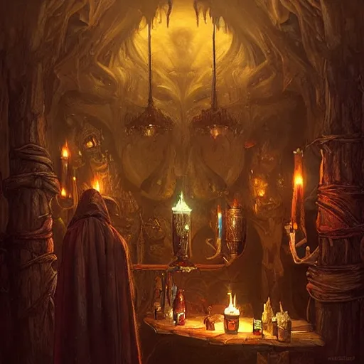 Image similar to “A fantastical dark tavern with lots of candles, creepy fantasy ambience, similar to Mos Eisley bar scene, D&D, fantasy, intricate, cinematic lighting, highly detailed, digital painting, artstation, concept art, smooth, sharp focus, illustration, art by Artgerm and Greg Rutkowski and Alphonse Mucha”