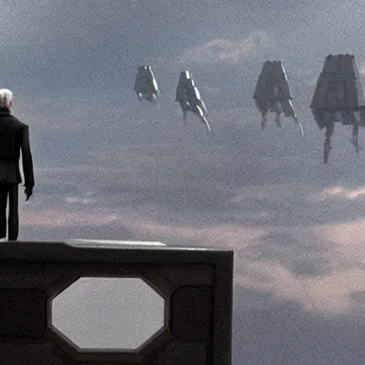 Image similar to Count Dooku standing on ledge observing droid factory star wars