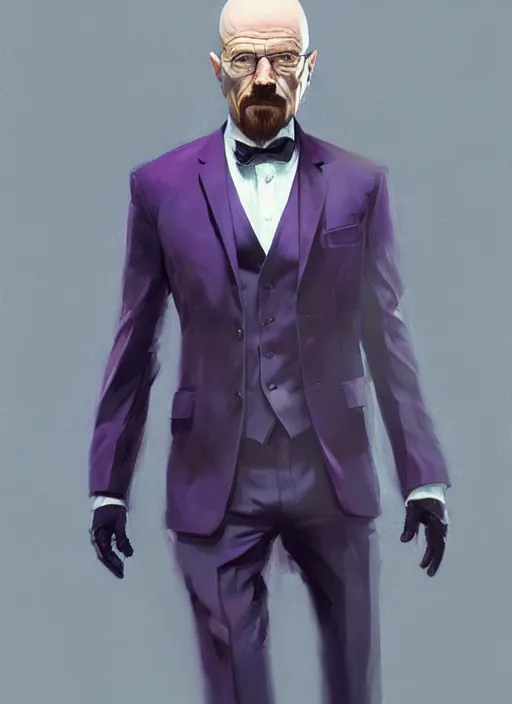 Image similar to walter white wearing a dark purple suit, elegant, dynamic, digital painting, concept art, smooth, sharp focus, illustration, by ruan jia and mandy jurgens and artgerm and william - adolphe bouguerea