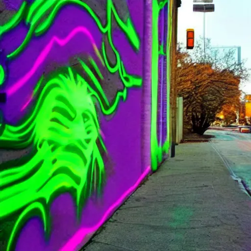 Image similar to florescent glowwave graffiti of the joker on a street wall, glow wave